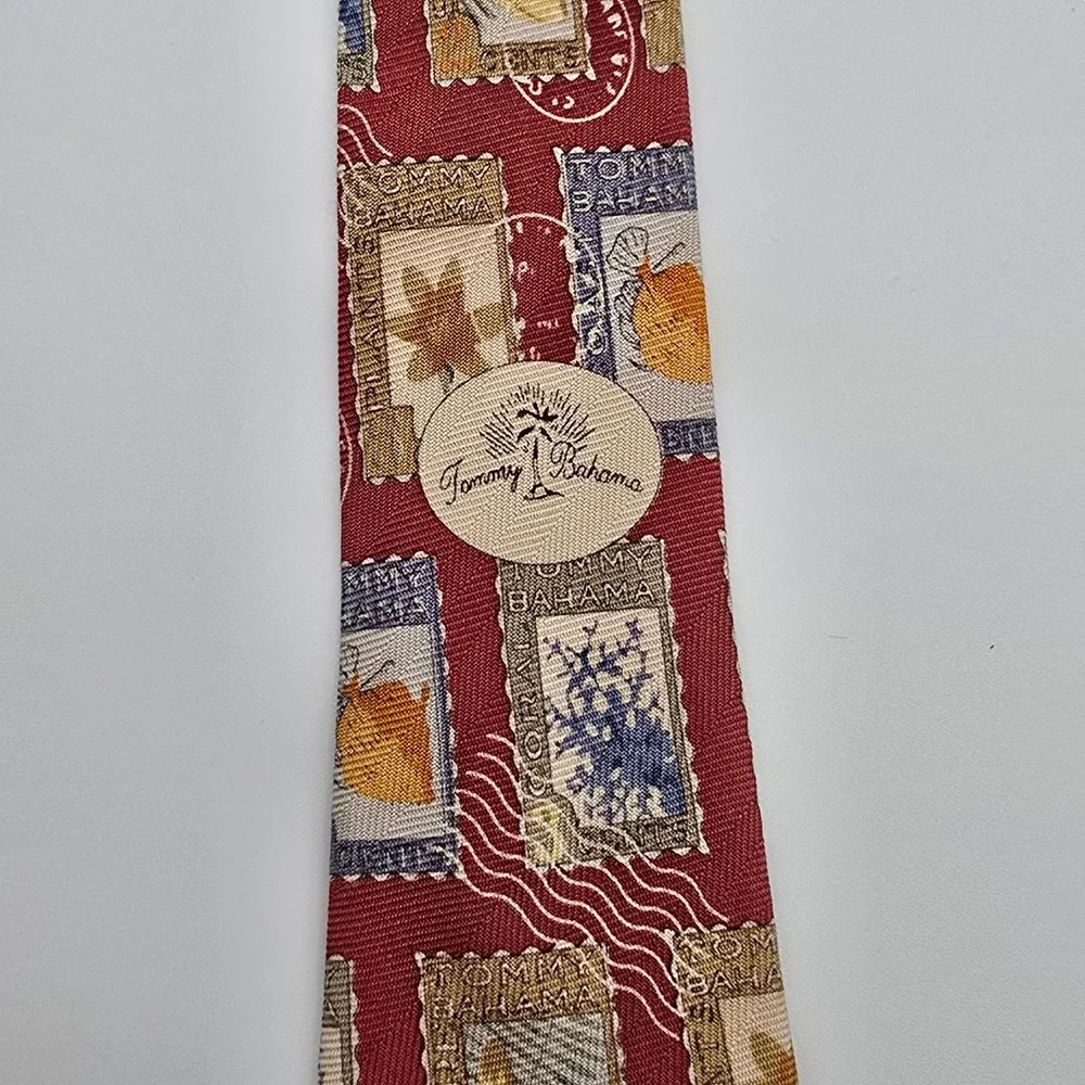 Tommy Bahama Mens Silk Tie Burgundy Red Tropical Postage Stamp Island Theme